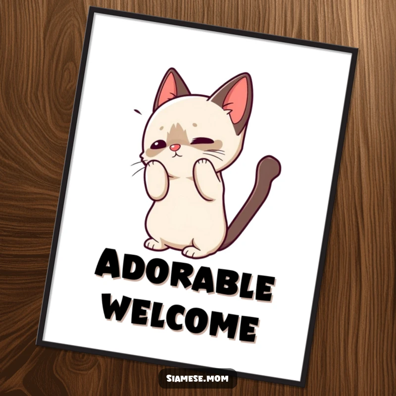 Funny digital art print of a kawaii Siamese cat in a playful greeting, offering instant, adorable wall decor for cat lovers.