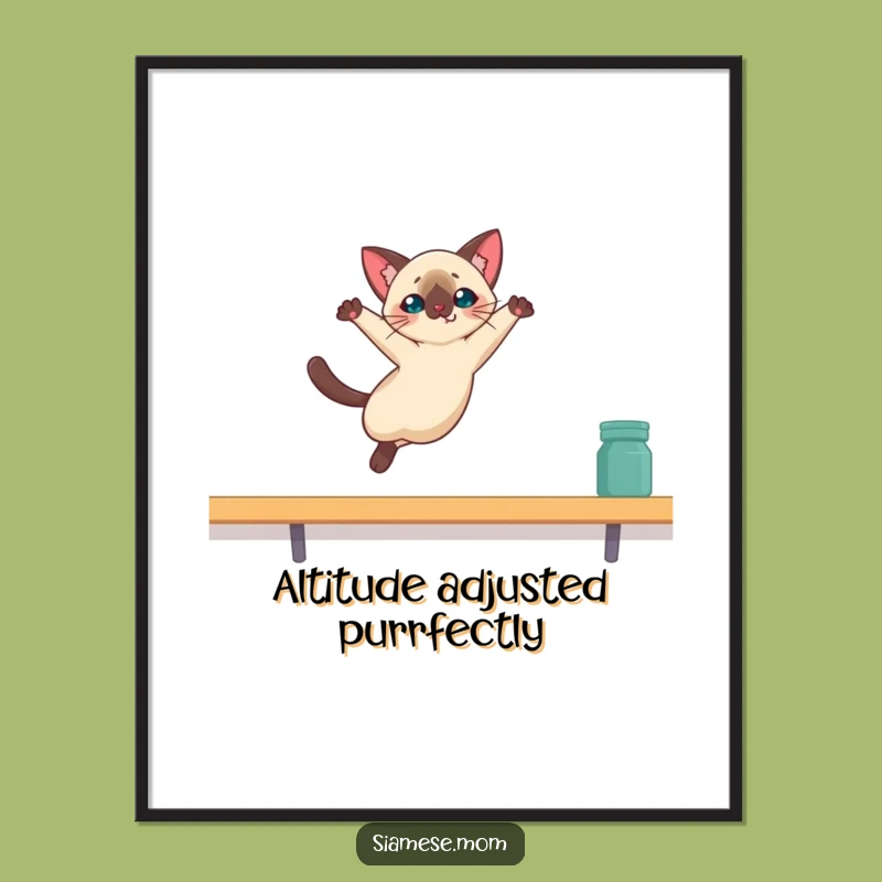 Funny Kawaii Siamese Cat Art Print: Graceful Leap Wall Decor, Unique Funny Gift