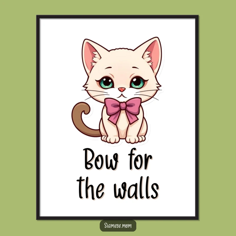 Funny Kawaii Siamese Cat Bow Digital Art: Elegant Ambiance & Playful Decor