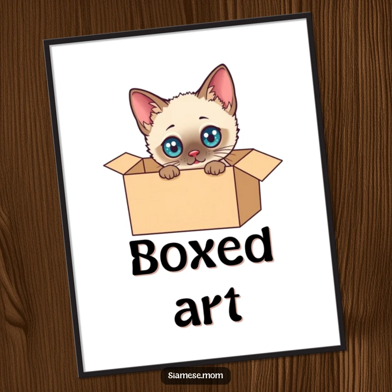 Funny Siamese Cat Digital Art Print: Whimsical kawaii cat with wide eyes, joyfully investigating a cardboard box, perfect for instant wall art.