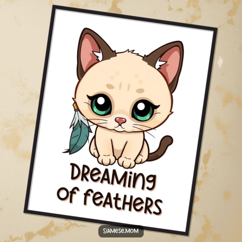 Funny Kawaii Siamese cat digital art print, wide-eyed and curious, batting at a dangling feather, a delightful piece of whimsical feline art.