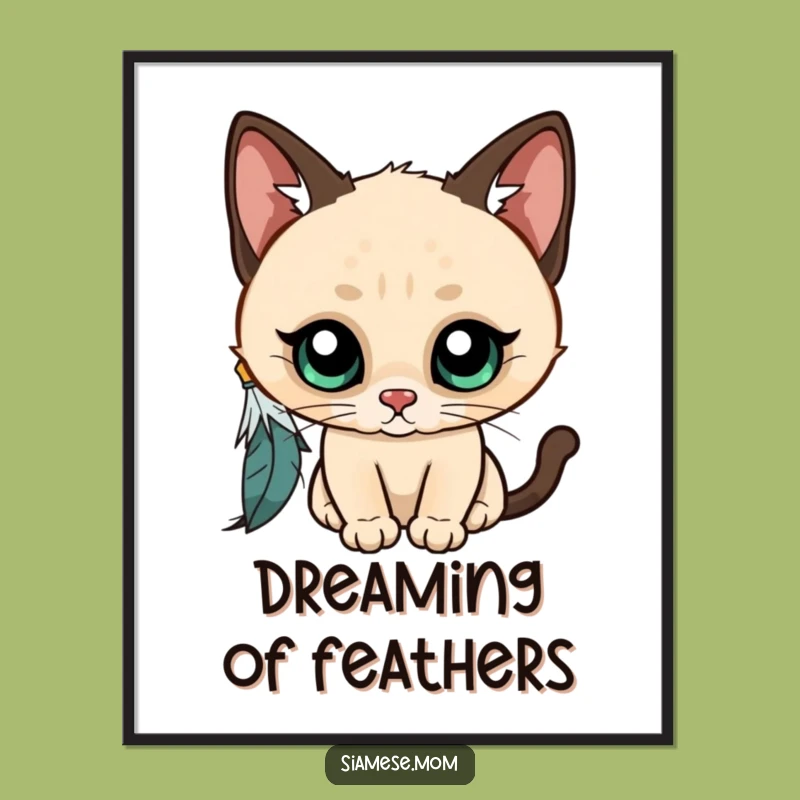 Funny Kawaii Siamese Cat Digital Art: Curious Feather Play, Instant Funny Gift!