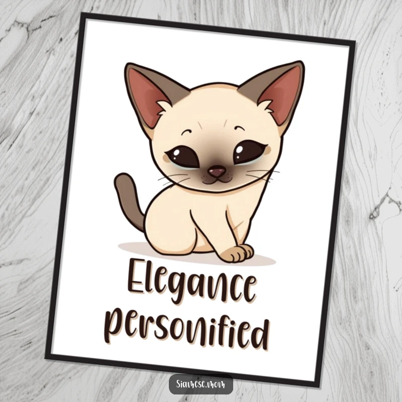 Funny Kawaii Siamese cat digital art print, elegantly stretching and arching its back with grace, a humorous and artistic feline composition.