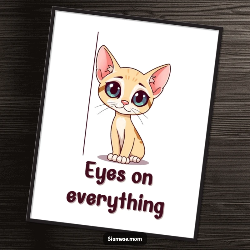 Funny slender cat digital art print, with big curious eyes, peeking around a corner, perfect for charming decor, a great funny gift.