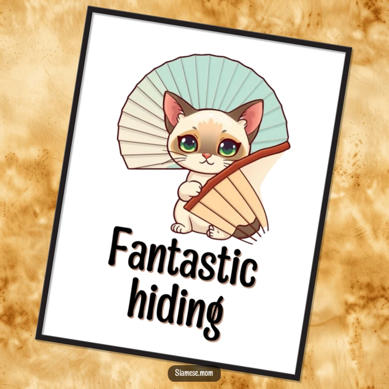 Funny Siamese Cat Digital Art: A humorous illustration of a Siamese cat hiding behind a decorative fan, perfect for instant wall decor.