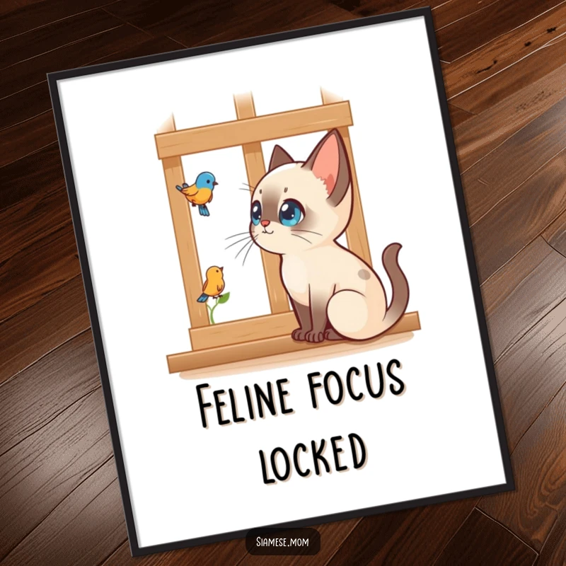 Funny Kawaii Siamese cat digital art print of a cat intently watching a bird outside a window, adding humorous observation.