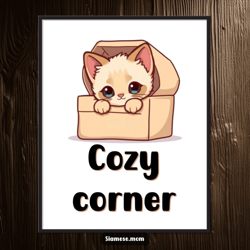 Funny Digital Art Print: A whimsical kawaii Siamese kitten with curious eyes peeking out from a comfortable, cozy box.