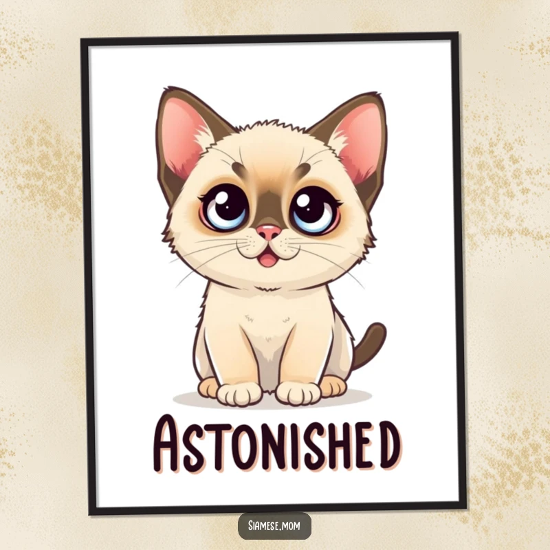 Funny Digital Art Print: A whimsical kawaii Siamese kitten with huge, round, surprised eyes, conveying a funny reaction.