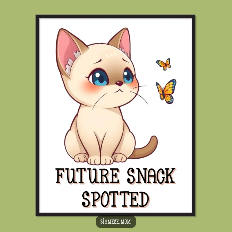 Funny Kawaii Siamese Cat Digital Art - Alert Butterfly Watcher Print for Instant Humor