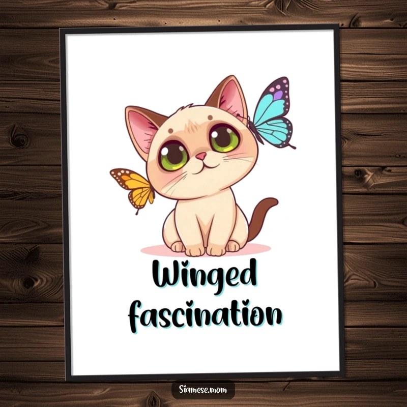 Funny Kawaii Siamese cat digital art print of a wide-eyed cat playfully batting at a butterfly against a simple background.