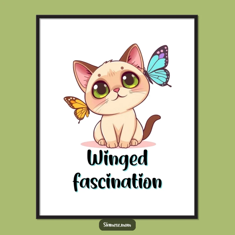 Funny Kawaii Siamese Cat Digital Art: Curious Butterfly Play - Instant Gift