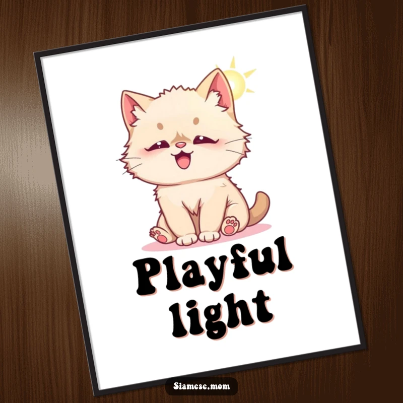 Funny digital art print of a fluffy Kawaii Siamese cat playfully batting at a sunbeam, perfect for instant download and cheerful decor.