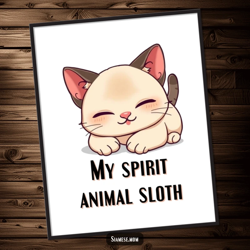 Funny Kawaii Siamese cat digital art print showing a lazy, contented stretch, a humorous and charming piece for immediate home decor.