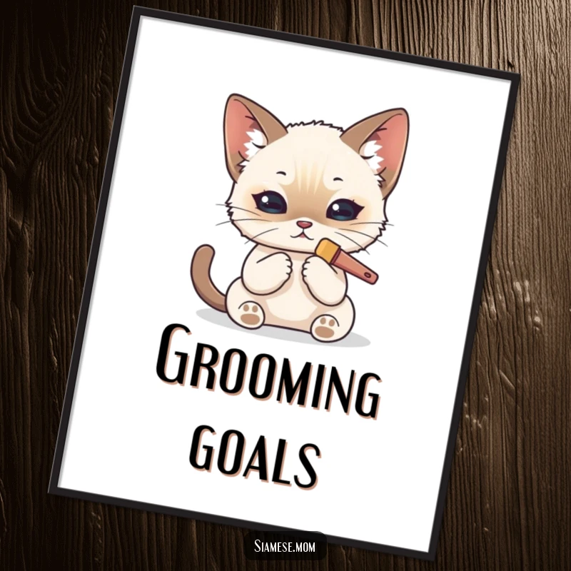 Funny Kawaii Siamese cat digital art print of a cat meticulously grooming itself with a tiny brush, clean and elegant.