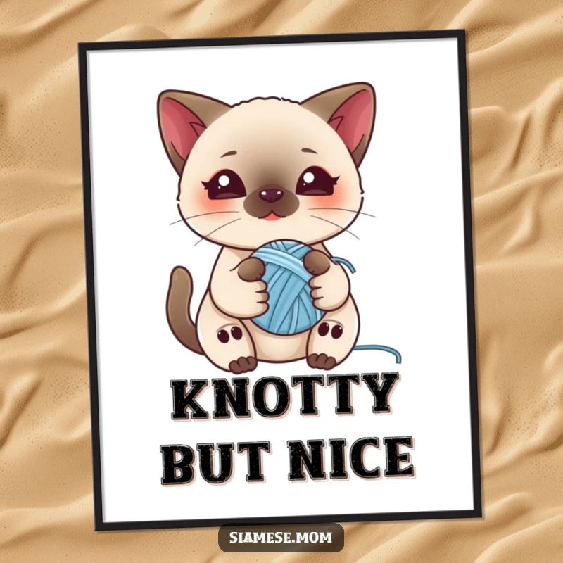 Funny digital art print of a kawaii Siamese cat playing with a ball of yarn, offering instant, adorable wall decor for cat lovers.