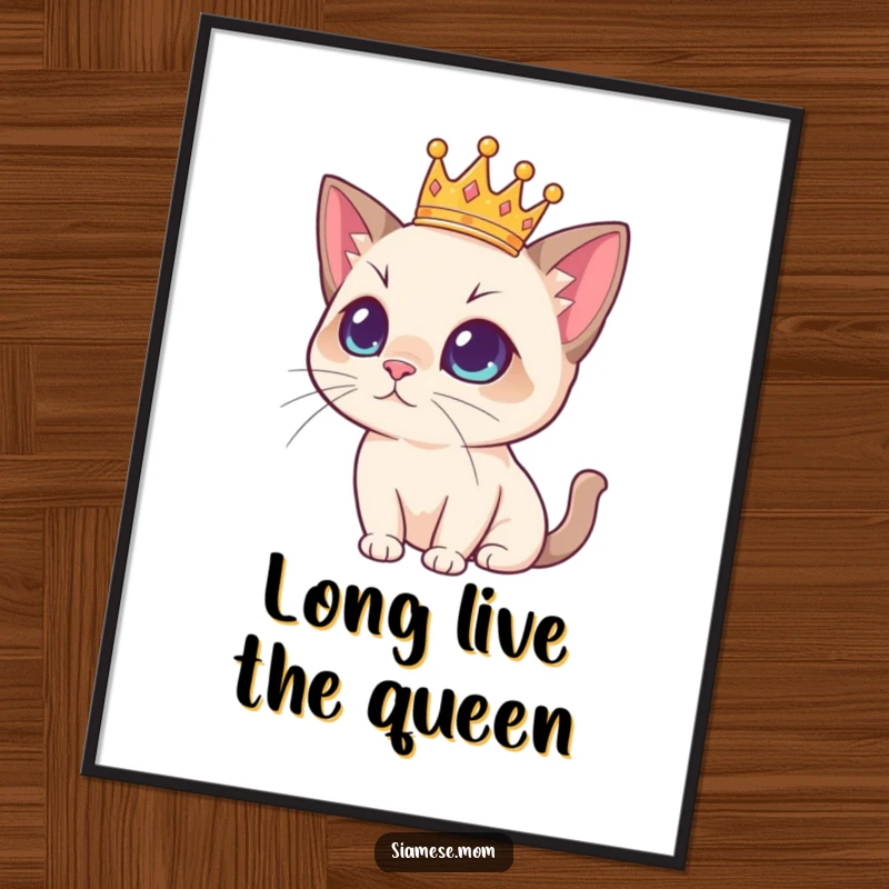 Funny Siamese cat wearing a miniature crown, exuding regal sophistication in this digital art print, ideal for home decor.