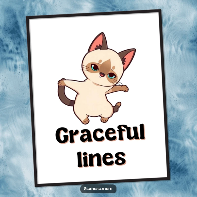 Funny Siamese Cat Digital Art Print: Beautiful kawaii cat in an elegant, full stretch pose, adding artistic humor to any room.