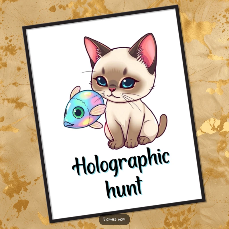 Funny Siamese Cat Digital Art, elegant cat batting at a holographic fish, futuristic and funny instant gift.