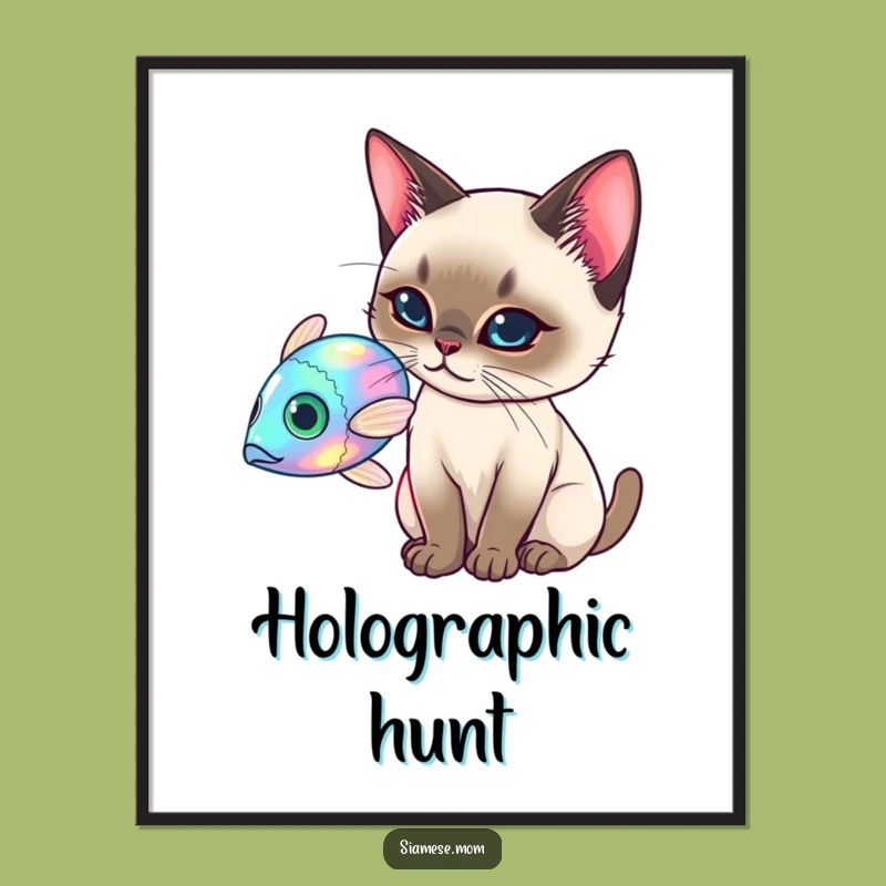 Funny Siamese Cat Digital Art - Holographic Fish Chase - Instant Download Funny Gift