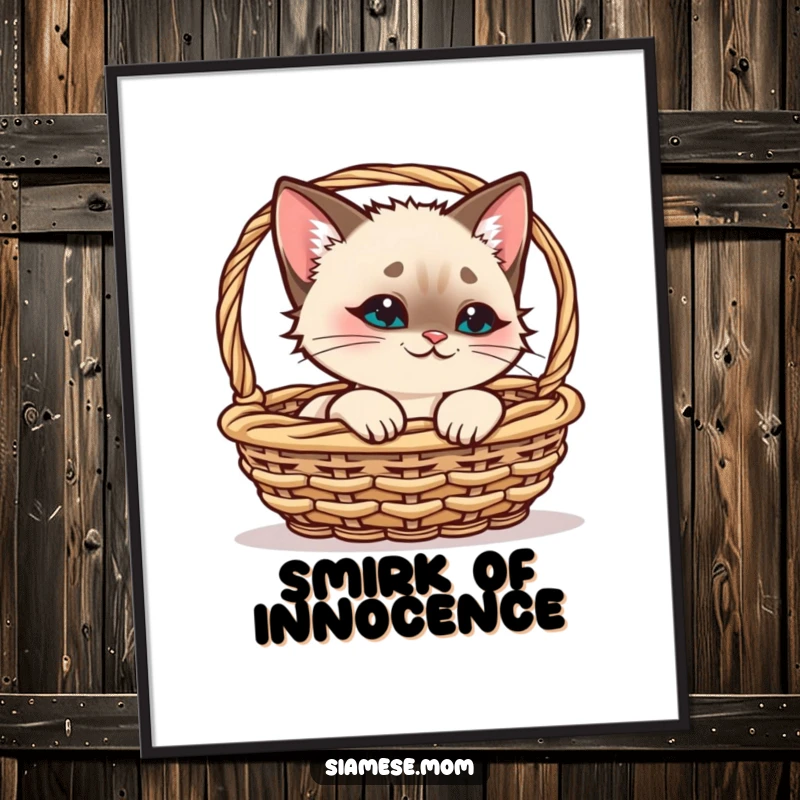 Funny Siamese Cat Digital Art, kawaii cat peeking from a basket with a playful smirk, instant download funny gift.
