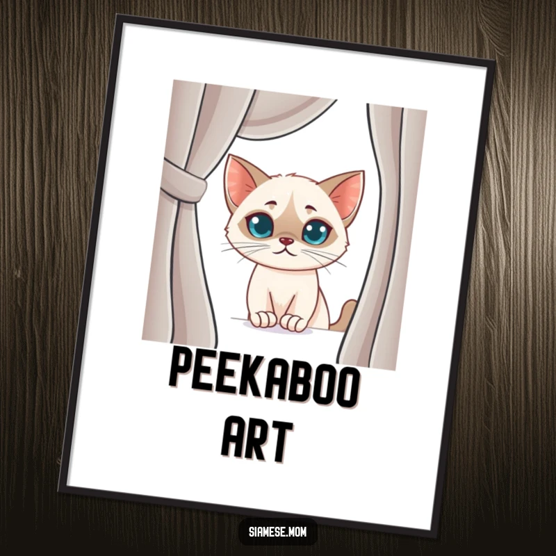 Funny Siamese Cat Digital Art Print: Whimsical kawaii cat with a mischievous smirk, peeking from behind a curtain, adding playful humor.