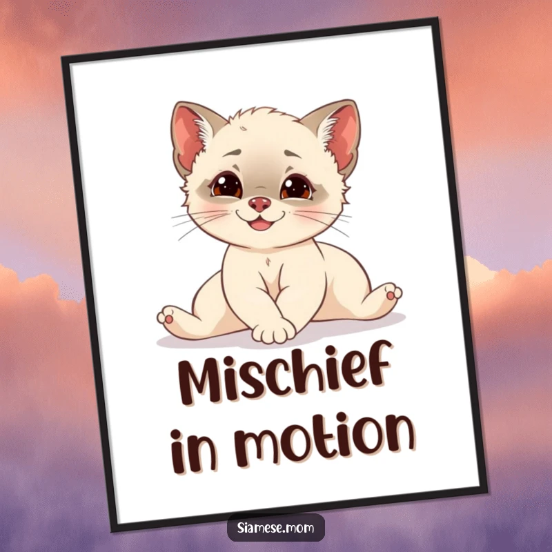 Funny Siamese cub stretching with elegant grace and a hint of mischief, a beautiful and humorous digital art print.