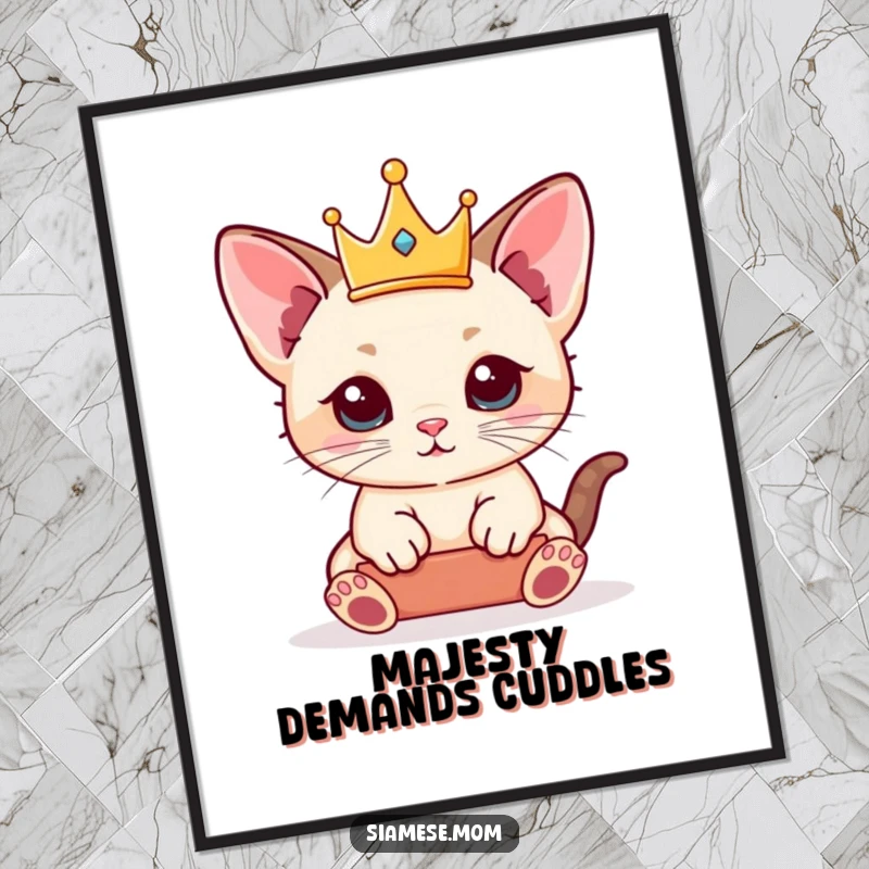 Funny Siamese Kitten Digital Art Print of a kawaii cat balancing a tiny crown, adding playful royal decor instantly.