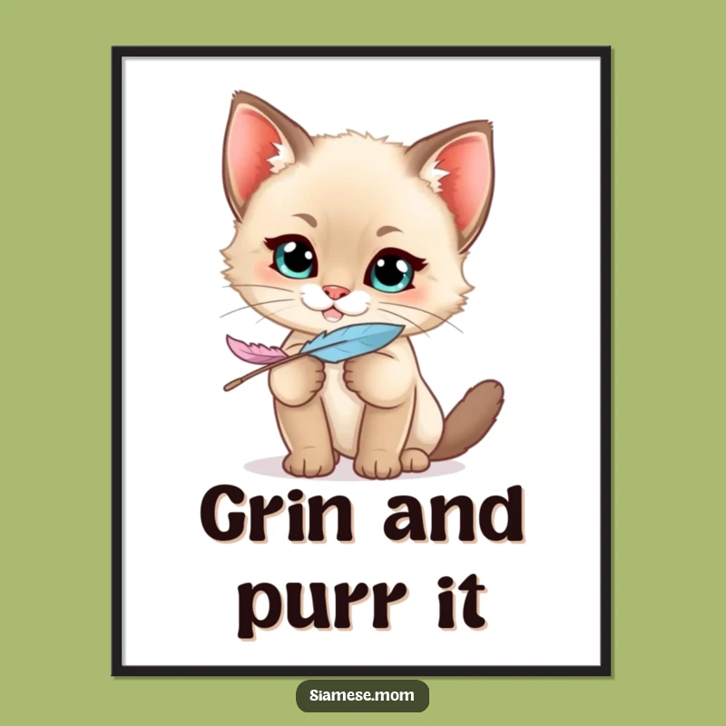 Funny Siamese Kitten Digital Art - Kawaii Mischief Feather Decor, Instant Gift!