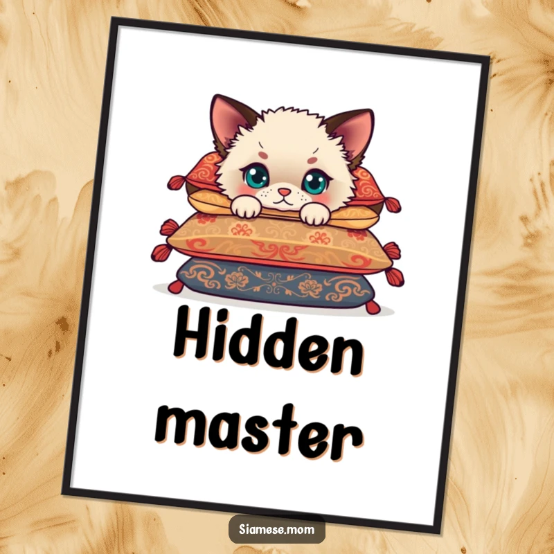 Funny Siamese cub peeking from behind ornate cushions, a charming digital art print capturing a playful kitten's adorable mischief.