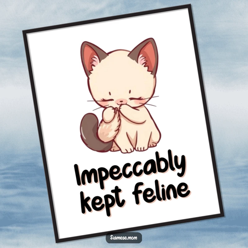 Funny Siamese Kitten Digital Art Print of a kawaii cat grooming its fluffy tail, perfect for instantly adding adorable decor.