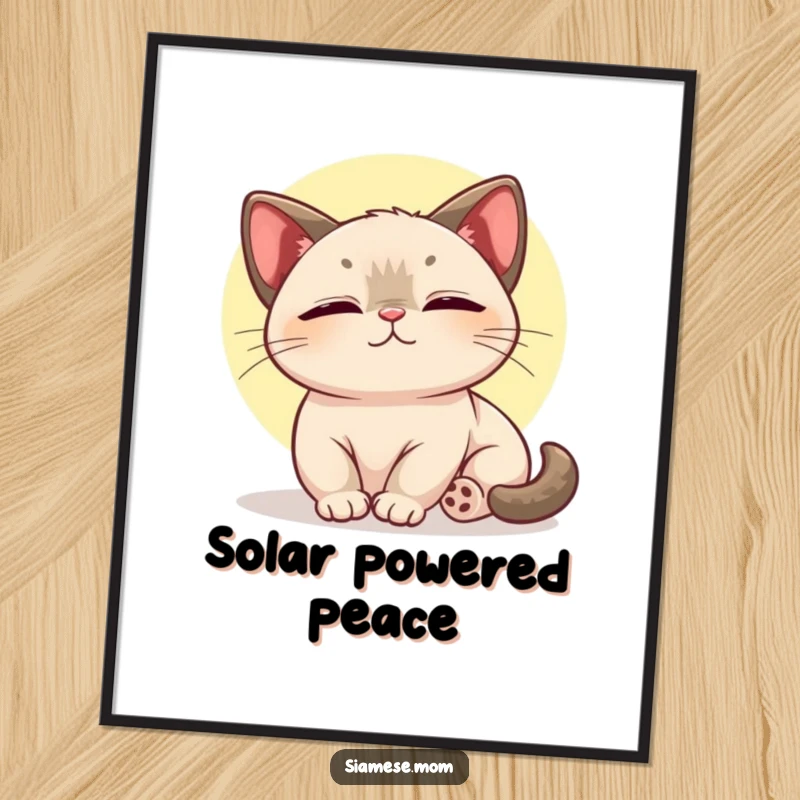 Funny digital art print featuring a kawaii Siamese cat blissfully basking in a warm sunbeam, radiating pure joy.