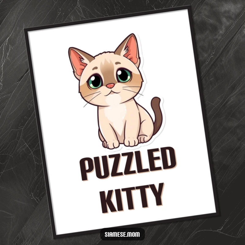 Funny digital art print of a kawaii Siamese cat with a questioning head tilt, looking adorably perplexed and curious.