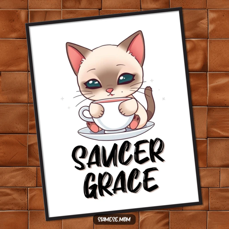 Cute digital art print of a kawaii Siamese cat delicately sipping from a saucer, ready to be printed and framed.