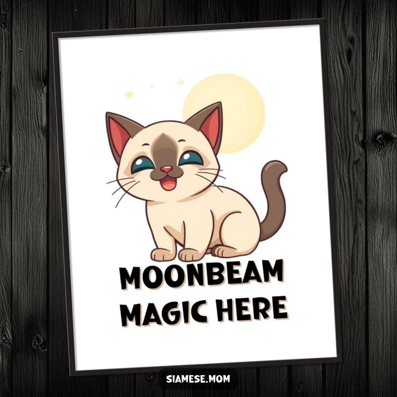 Funny stylized Siamese cat happily batting at glowing moonbeams, as a downloadable digital art print.