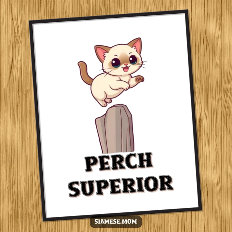 Funny Kawaii Siamese cat digital art print of a sleek cat making a graceful leap towards a high perch.
