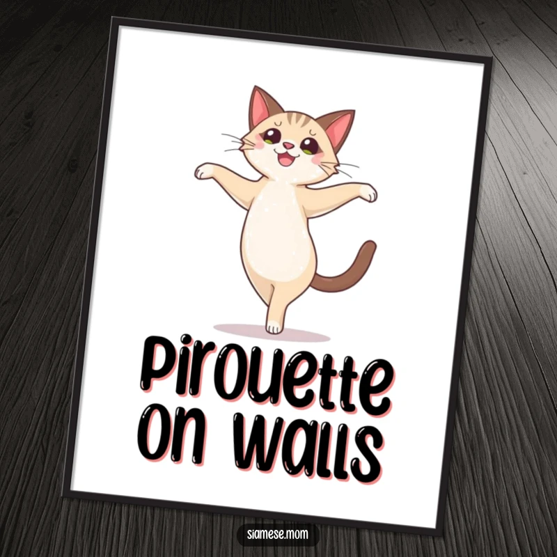Funny cute Siamese cat character performing a joyful, ballet-like pirouette, as a downloadable digital art print.