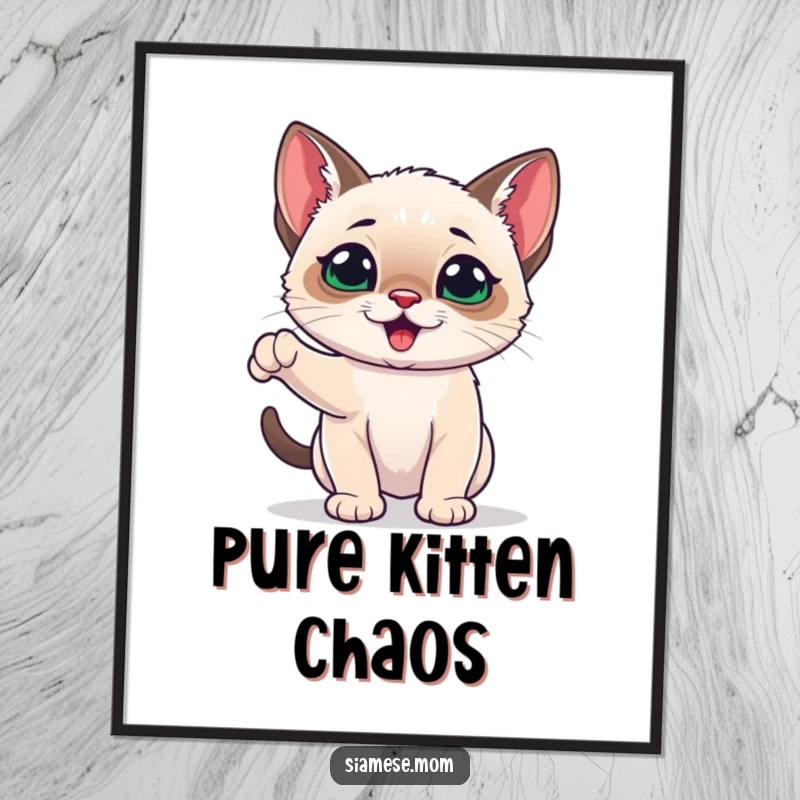 Funny Siamese Kitten Digital Art Print of a playful and energetic kawaii cat, perfect for instantly adding fun decor.