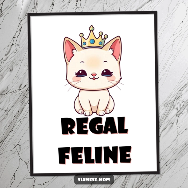 Funny digital art print of a kawaii Siamese cat wearing a tiny crown, looking regal and pleased with its domain.