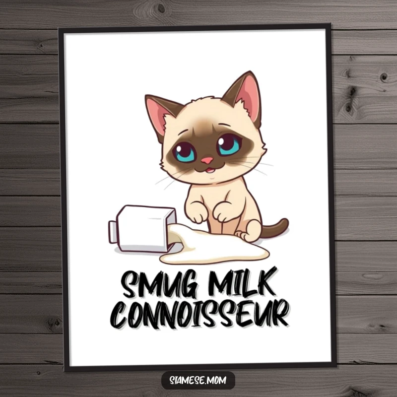 Funny Siamese cat digital art print, looking smugly at a spilled milk carton, perfect for humorous decor, a great funny gift.