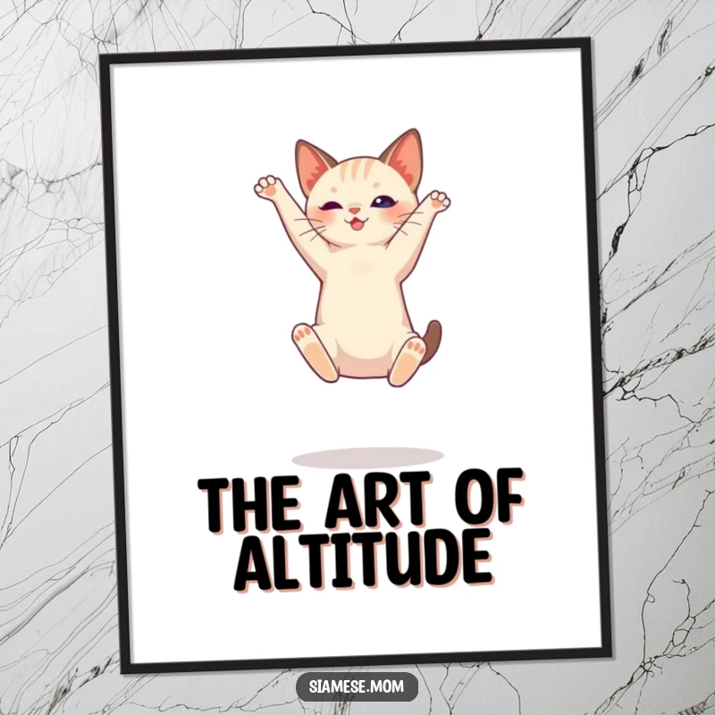 Funny Siamese cat digital art print, illustrating a high jump, perfect for framing and adding artistic flair.