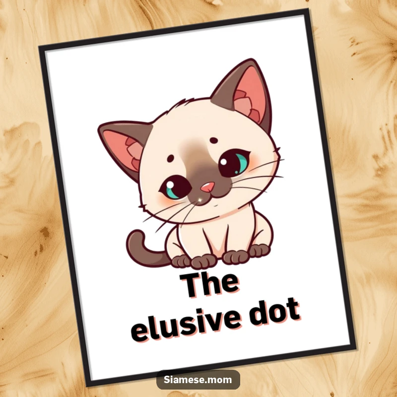 Funny Kawaii Siamese cat digital art print, quizzical head tilt, intensely watching a red laser dot, a humorous and captivating artwork.