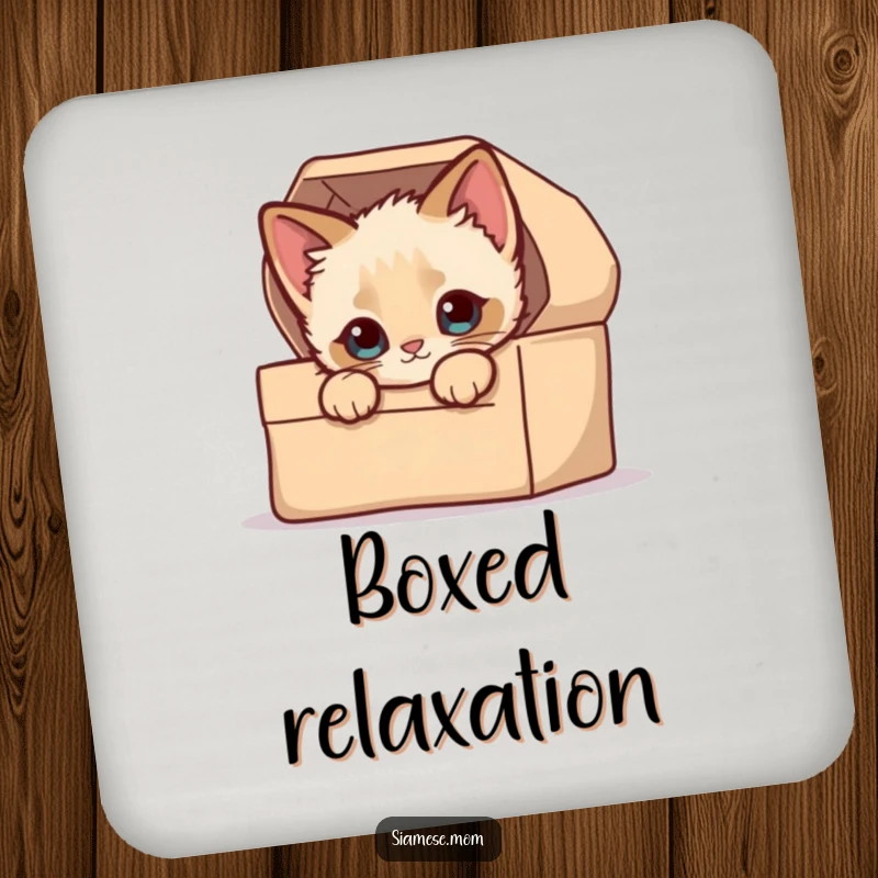 Funny Drink Coaster: A kawaii Siamese kitten with curious eyes peeking from a small, cozy box.