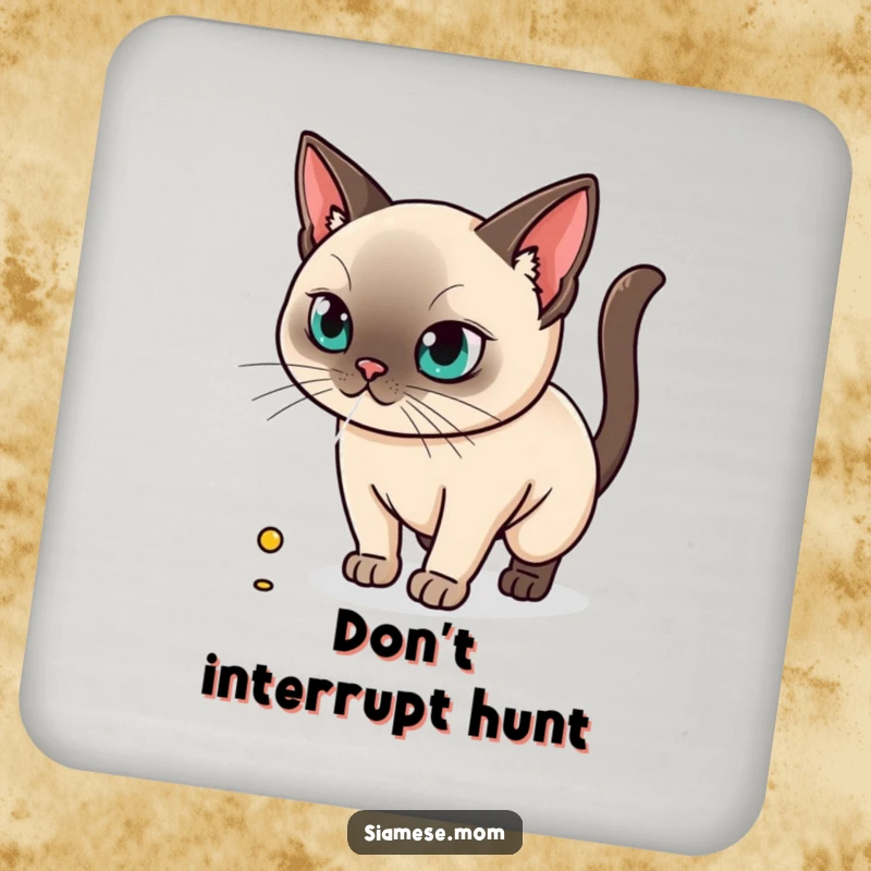 Funny drink coasters featuring a kawaii Siamese cat locked in intense focus on a laser dot, adding playful flair.