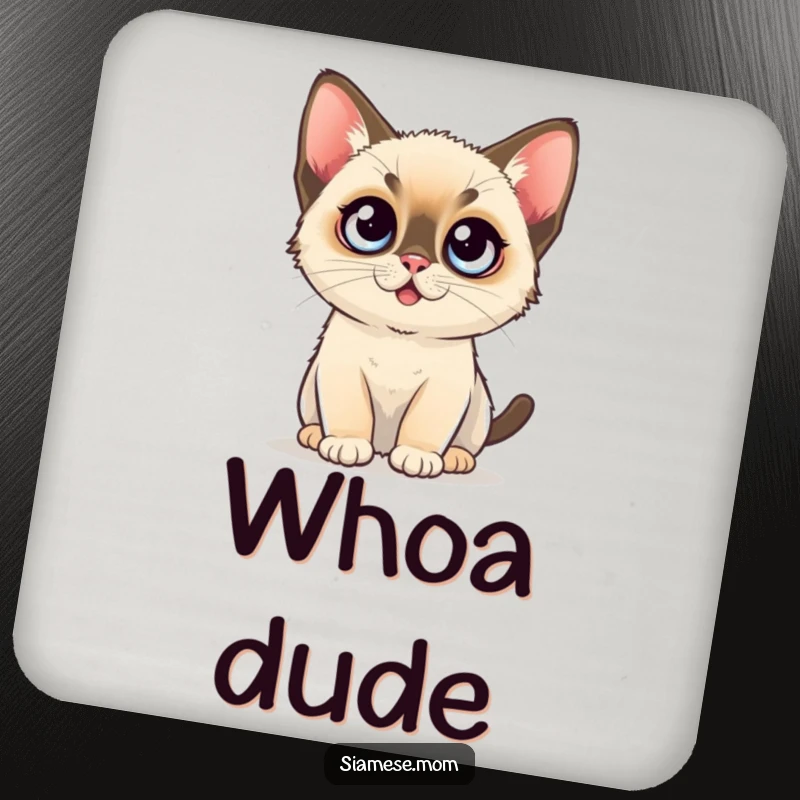 Funny Drink Coaster: A close-up of a kawaii Siamese kitten's face with extremely wide, surprised eyes.