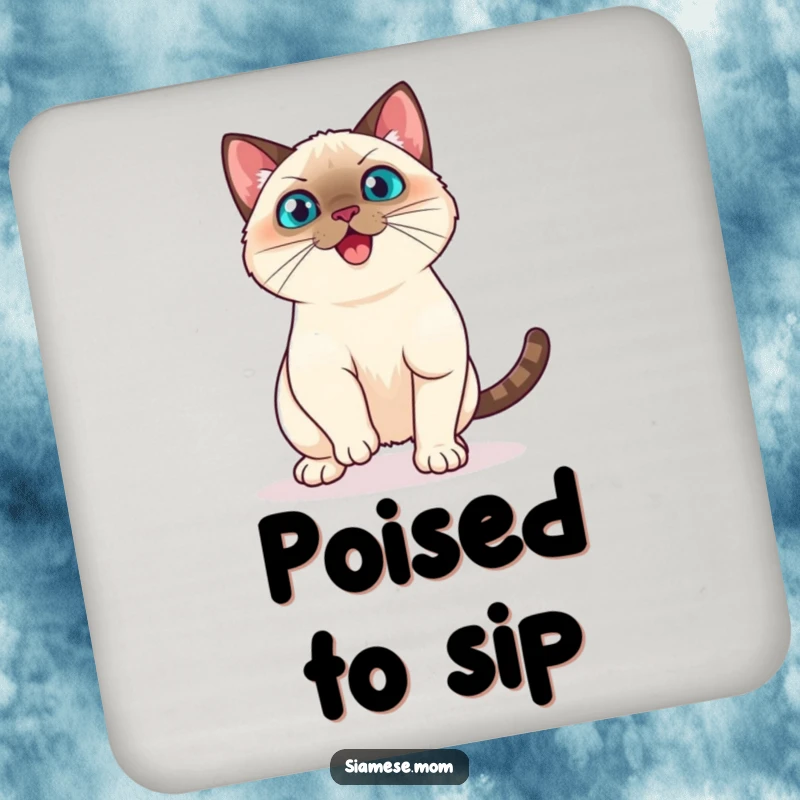 Funny Kawaii Siamese Cat Coaster Playful Pounce Ready to Spring, Humorous Energetic Accessory