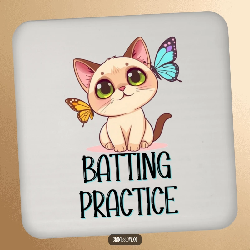 Funny Kawaii Siamese cat drink coasters featuring a curious cat focused on a butterfly, protecting furniture with cuteness.