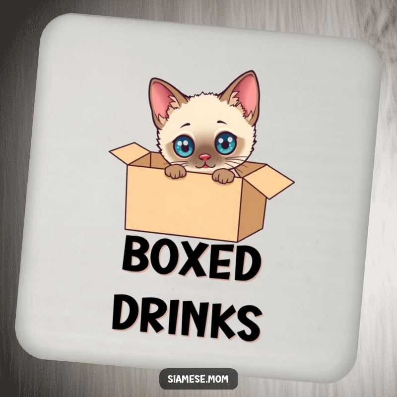 Funny Siamese Cat Coasters: Set of coasters with a kawaii cat exploring a box, adding humorous protection to your furniture.