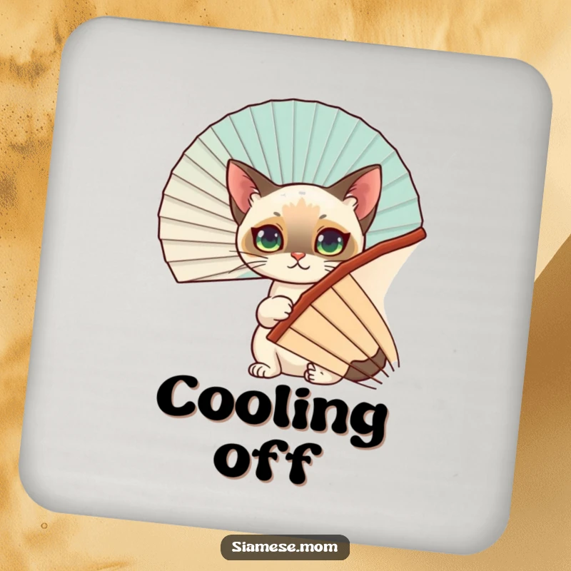 Funny Siamese Cat Coaster: A witty Siamese cat hides behind a decorative fan, adding a humorous touch to drink service.