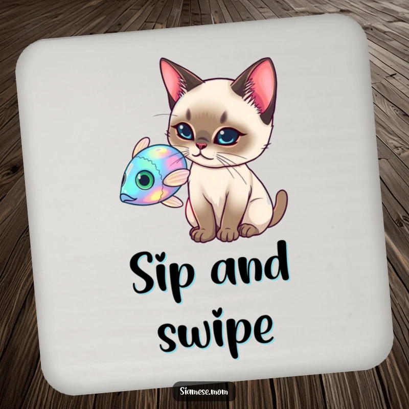 Funny Siamese Cat Coasters, elegant cat batting at a holographic fish, stylish and funny housewarming gift.