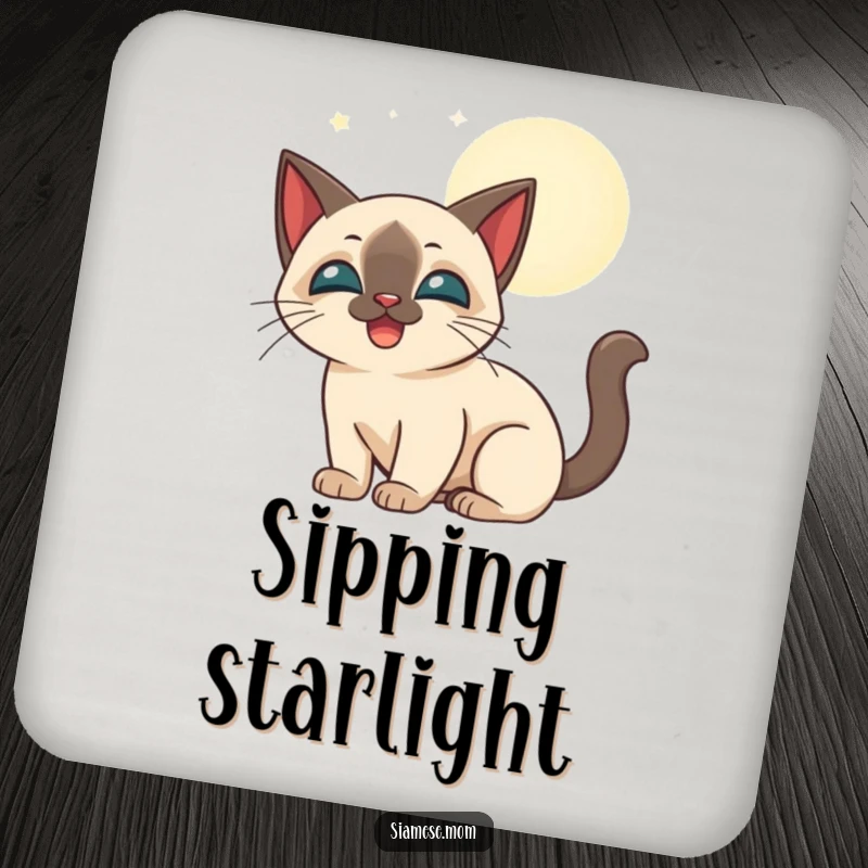 Funny stylized Siamese cat happily batting at glowing moonbeams, on a protective and decorative drink coaster.
